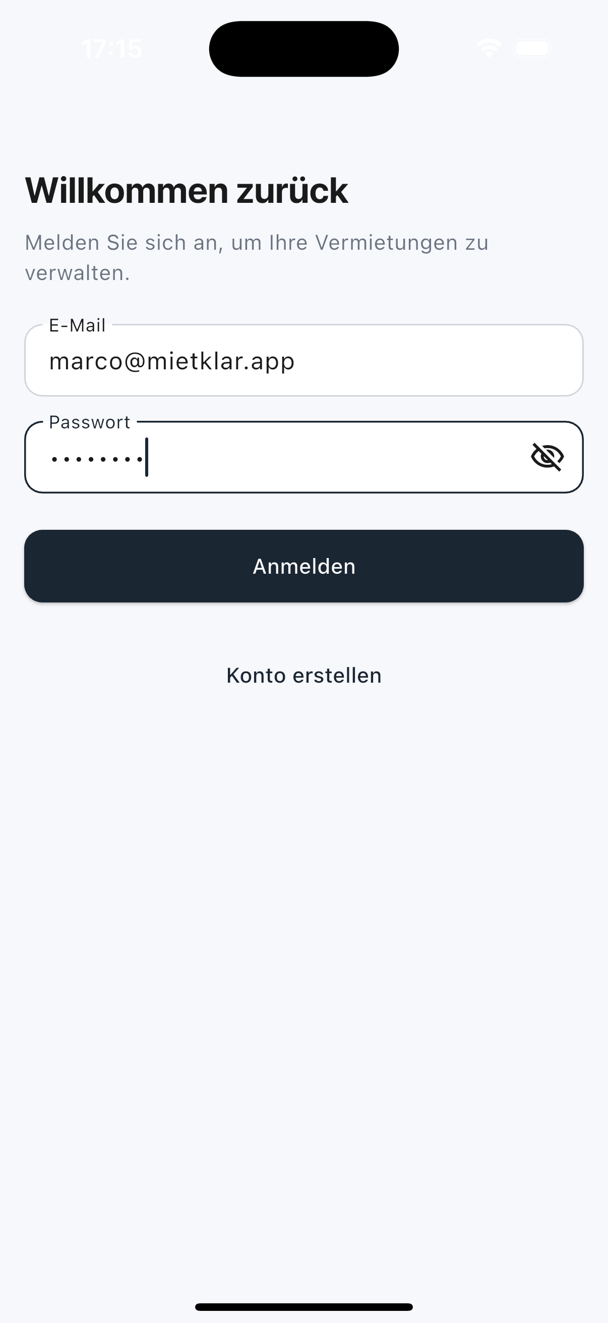 Login-Bildschirm der App