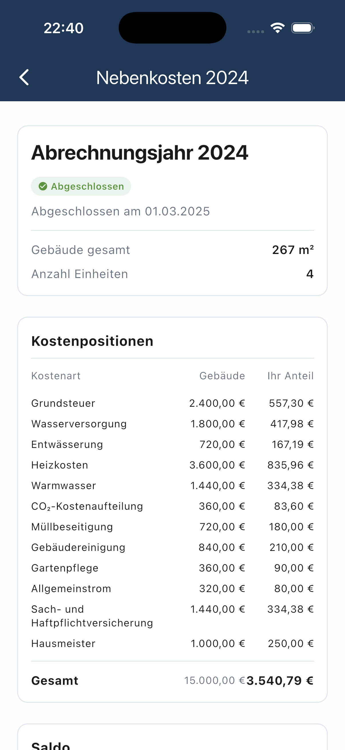 Kostenpositionen und Anteilsberechnung