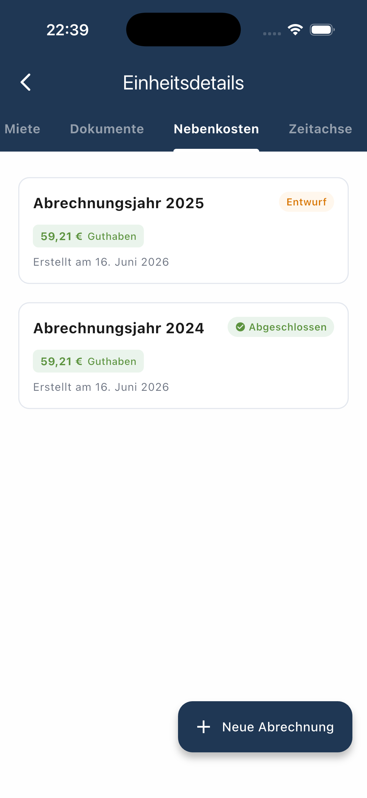 Nebenkosten-Übersicht mit Abrechnungsjahren