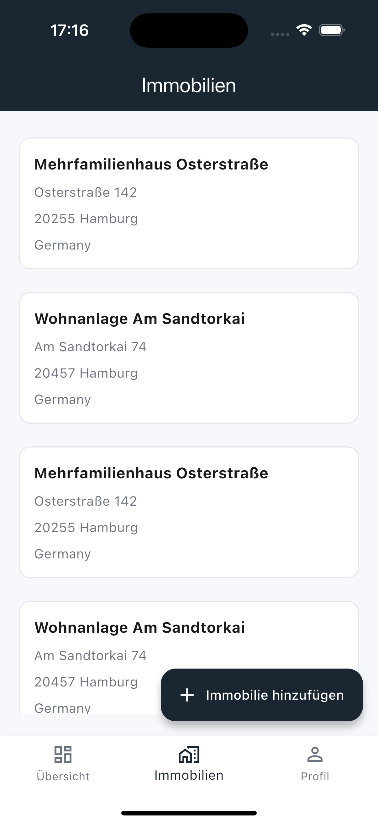 Objektliste mit Übersicht aller Immobilien
