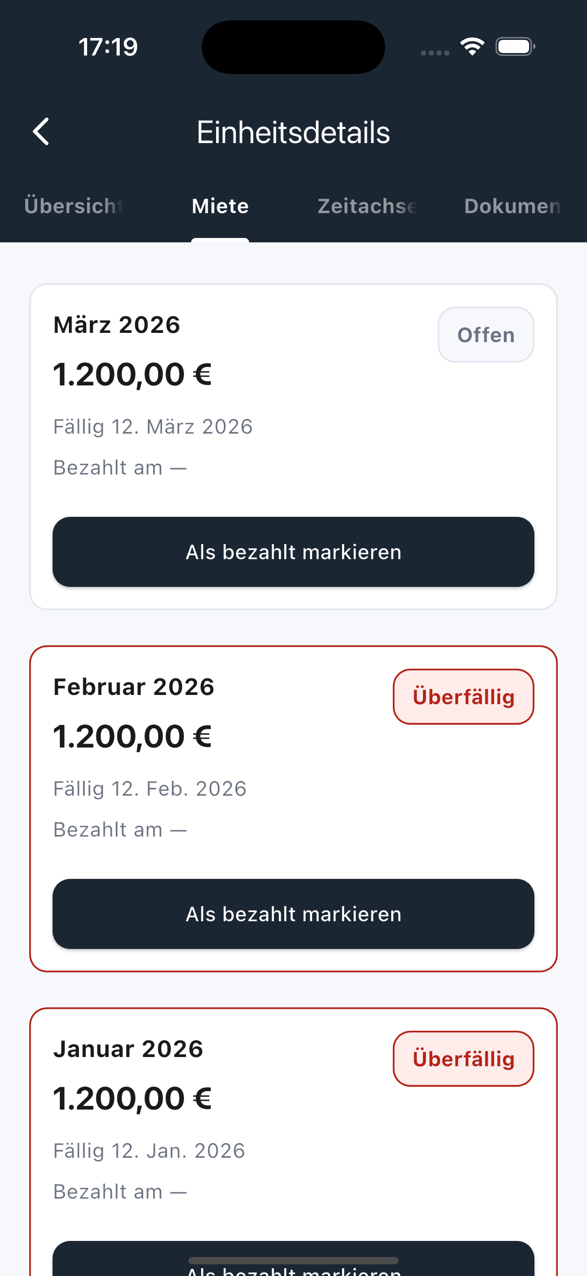 Mietdetails mit Zahlungsverlauf und offenen Beträgen